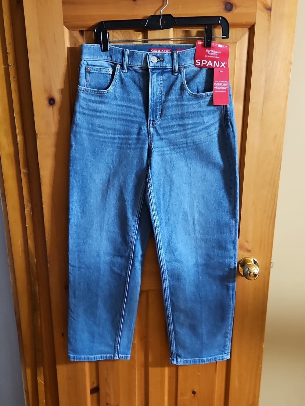 SPANX Straight Leg High-Rise Jeans in Light Blue Wash